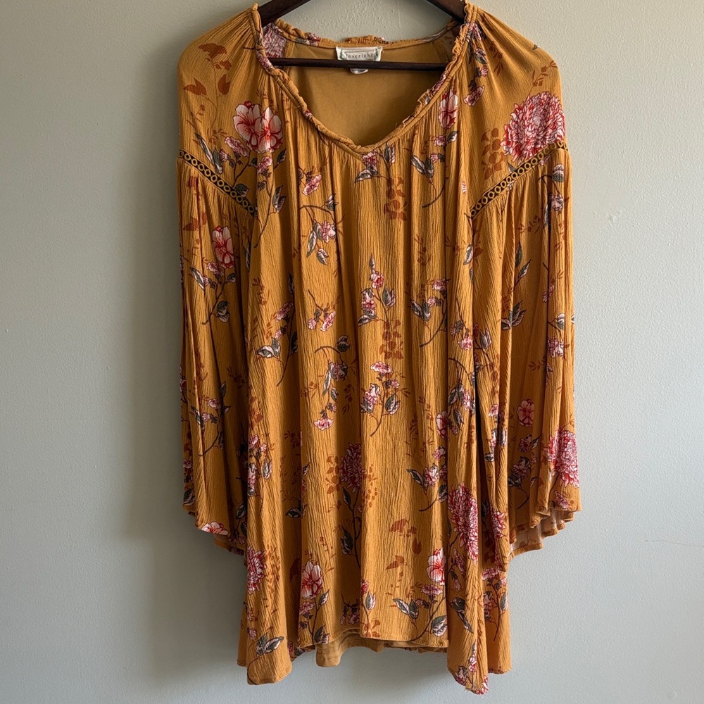 Loveriche Mustard Floral Boho Blouse Bell Sleeve Flowy Peasant Top Medium‎